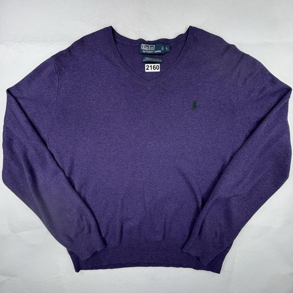 Polo By Ralph Lauren Sweater Mens Large Purple Pima Cotton V-Neck Knit Pullover